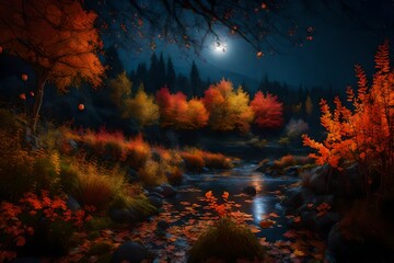 A magical autumn landscape at midnight, beautiful fantasy flowers - AI Generative