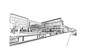 Building view with landmark of Reading is the 
town in England. Hand drawn sketch illustration in vector.