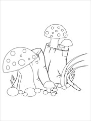 Mushroom Coloring Pages for kids. Fantasy Illustration for coloring page adult.