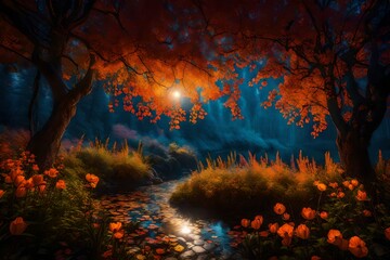 Fototapeta na wymiar A magical autumn landscape at midnight, beautiful fantasy flowers - AI Generative