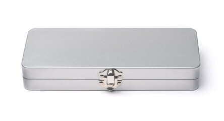 Front view of closed silver metal box - Powered by Adobe