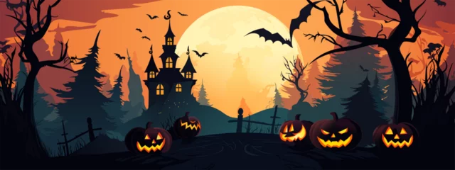 Muurstickers Halloween pumpkins, bats, a cemetery and a scary castle against the backdrop of a spooky big orange moon. Festive flyer, poster or banner. Vector illustration. © LoveSan