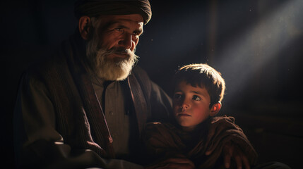 Afghan father and son - obrazy, fototapety, plakaty