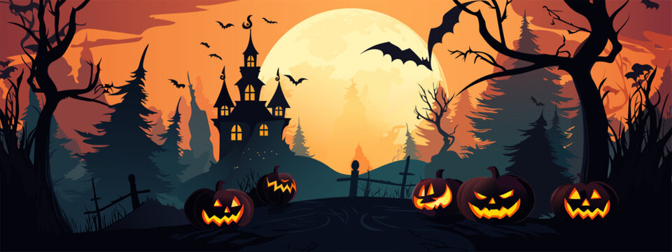 Halloween pumpkins, bats, a cemetery and a scary castle against the backdrop of a spooky big orange moon. Festive flyer, poster or banner. Vector illustration.
