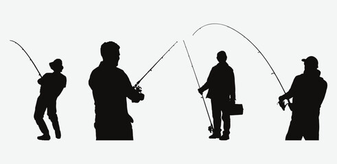Capturing Serenity, Majestic Silhouettes of Fishermen with Fishing Rods Engaged in the Art of Angling