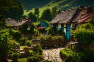 Fototapeta premium A quaint village with charming cottages and a lush, well-maintained garden in the center - AI Generative