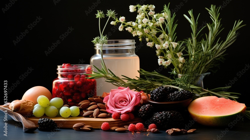 Poster a table topped with a jar of liquid and a vase filled with flowers. generative ai