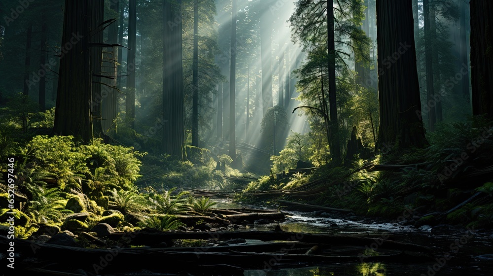 Aufkleber a stream running through a forest filled with lots of trees. generative ai