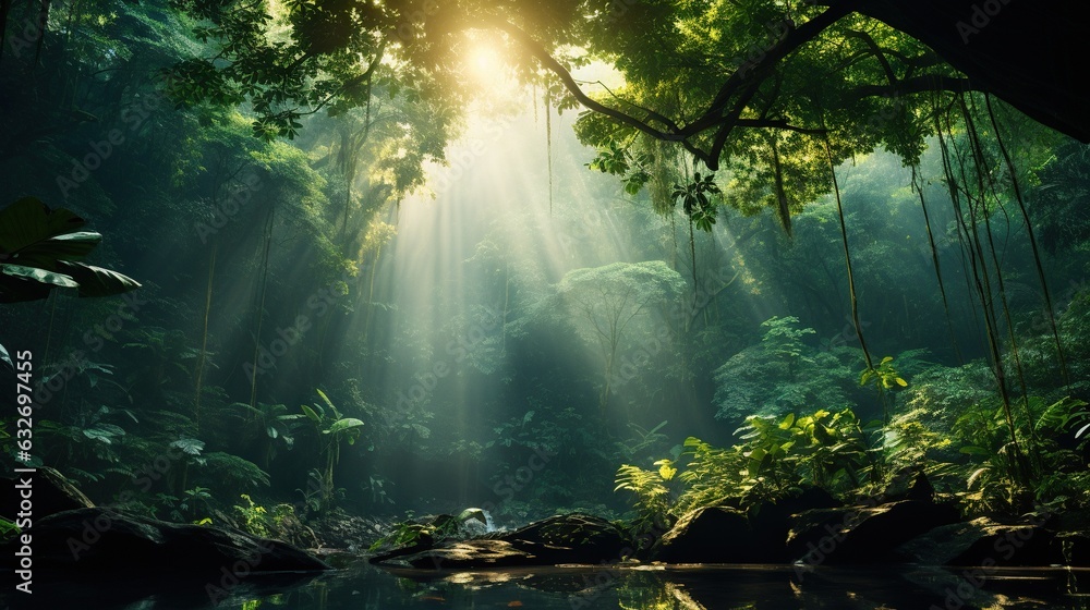 Poster sunlight shining through the trees in a jungle with a stream. generative ai