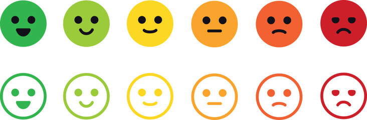 Fototapeta premium Smiley. Emotion reactions. Feedback emoji. Emoticons icons set. Emoji faces collection. Emojis flat style. Feedback. Rating. Happy, smile, neutral, sad and angry emoji. Line smiley face. Vector 