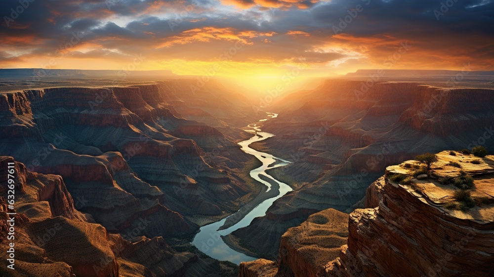 Poster the sun is setting over a canyon with a river running through it. generative ai