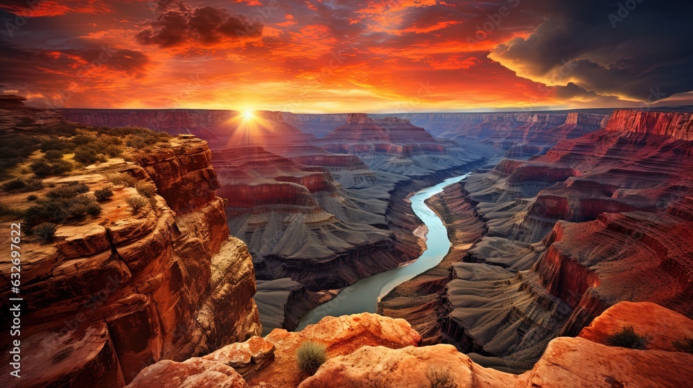 Poster the sun is setting over a canyon with a river running through it. generative ai