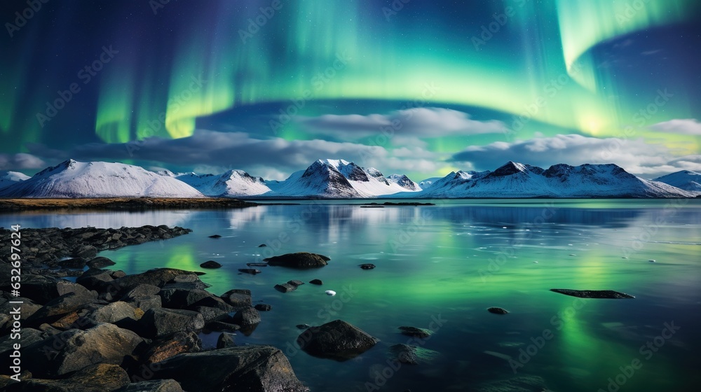 Aufkleber the aurora bore over the mountains and the ocean with rocks in the foreground. generative ai