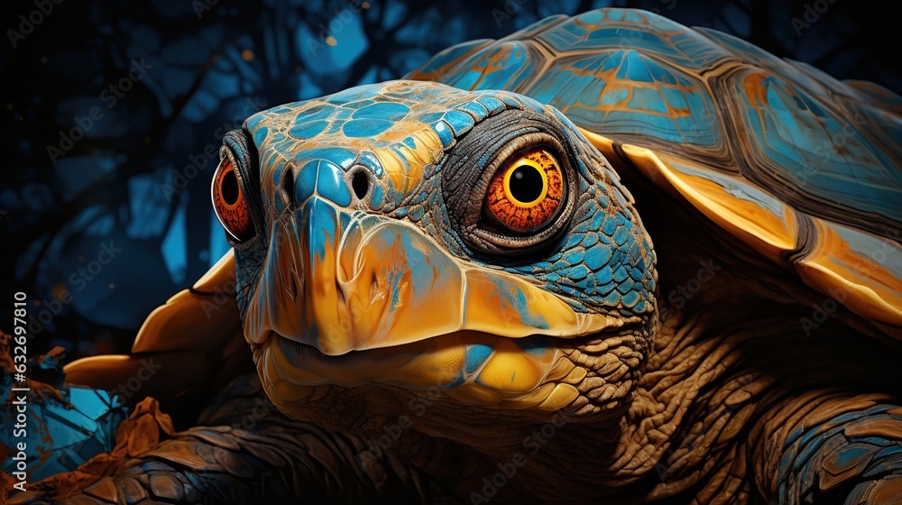 Poster a close up of a turtle's face with a tree in the background. generative ai