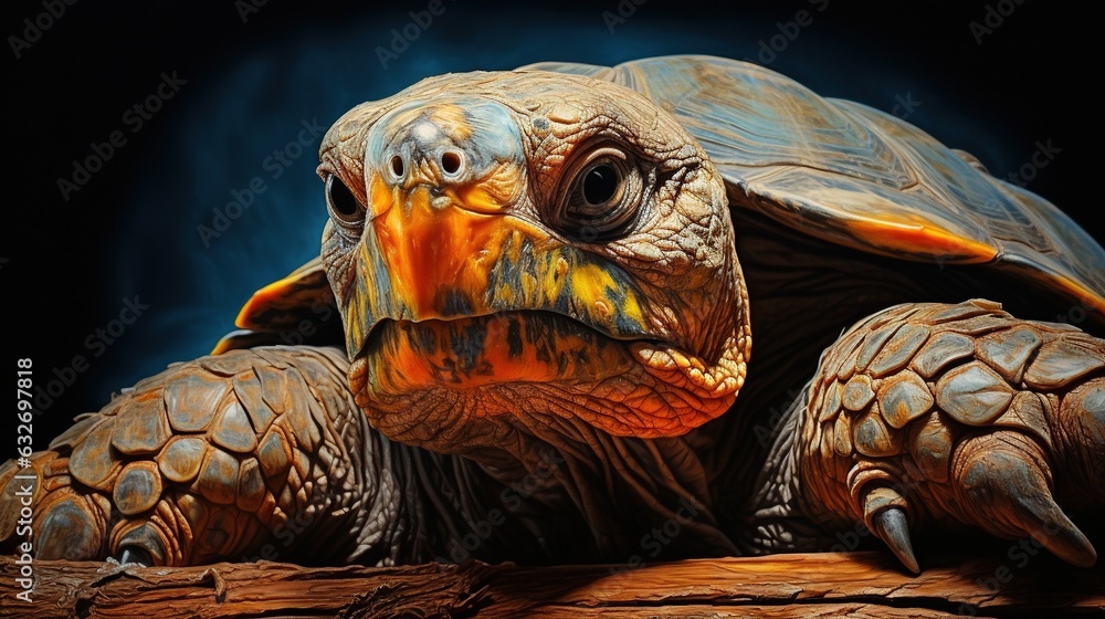 Poster a close up of a turtle on a black background with a black background. generative ai