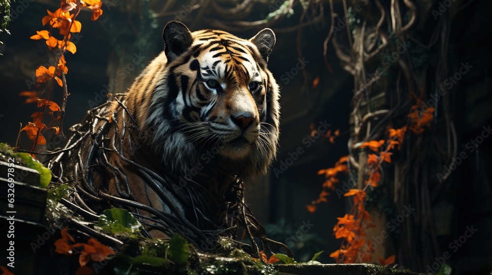 Aufkleber a large tiger standing in a forest next to a tree. generative ai