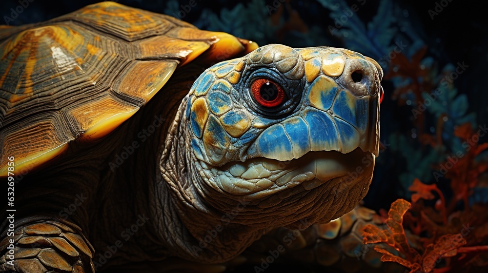 Poster a close up of a turtle with a red eye and a black background. generative ai