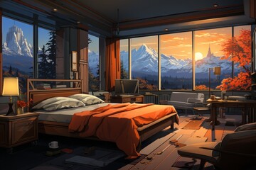 Artistic illustration of a cozy hotel room, capturing the essence of comfort and luxury in a stylized form.