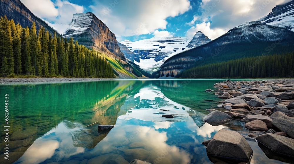 Poster a lake surrounded by mountains and trees under a cloudy sky. generative ai