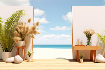 Wooden podium for your products with flowers and white screens against sky and sea. Summer, sun, joy. Marketing and advertising