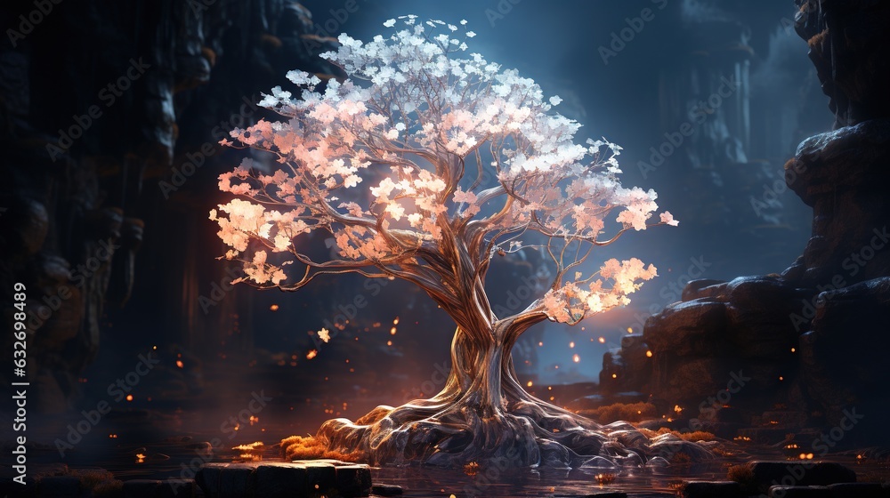 Poster a tree in the middle of a cave with fire coming out of it. generative ai