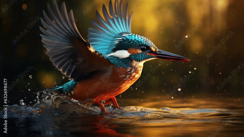 Poster a colorful bird with its wings spread out in the water. generative ai