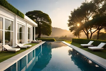 hotel swimming pool, A grand villa stands amidst a lush landscape, its white façade gleaming under the sunlight - obrazy, fototapety, plakaty