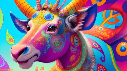 A majestic, colorful cow standing atop a vibrant, abstract mural of bright colors.