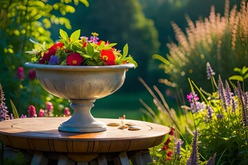 Fototapeta na wymiar In a sunlit garden, a glass bowl overflows with an abundance flowers each glinting in the dappled sunlight filtering through the lush foliage. The bowl rests upon a weathered stone pedestal, nestled a