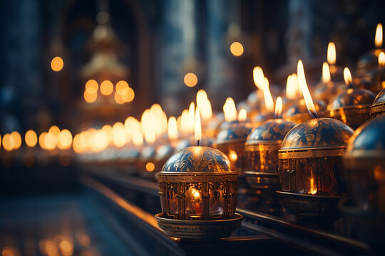 Mystical glow of flickering candles in church candlestick