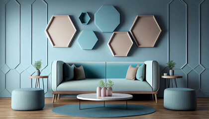 Interior design. Interior of a minimalist living room including a wooden floor, a round coffee table, a soft blue sofa, and a geometric wall design. one that is horizontal, Ai generated image