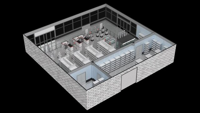 Store interior isometric composition, with racks and showcases, refrigerators, cash registers and self-service, 3d animation with alpha channel