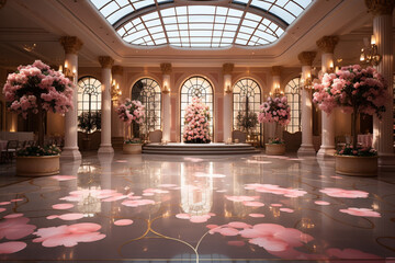 Elegant celebration space Banquet hall with stage, dance floor, and flowers Generative AI - obrazy, fototapety, plakaty