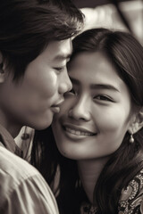 Smiling young Thai couple embracing together. Photorealistic image. Generative AI