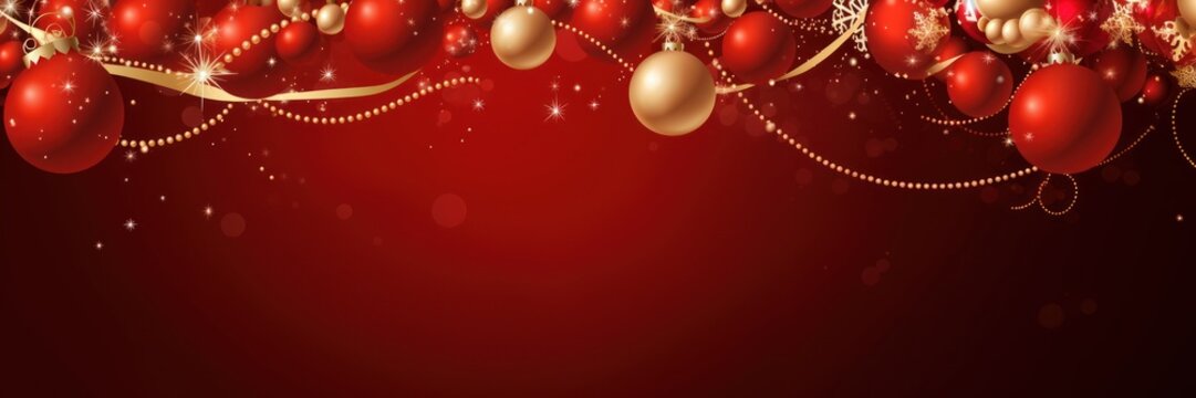 Christmas composition balls and ribbons. X-mass red decorations on a red background. Top view, banner, space for text. Generative AI illustration