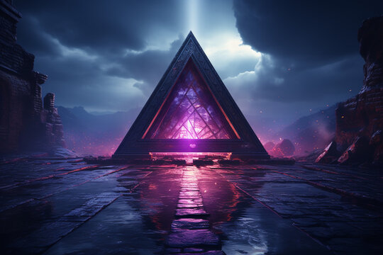Enigmatic cyan contrast Cinematic lighting with Valknut on purple backdrop Generative AI