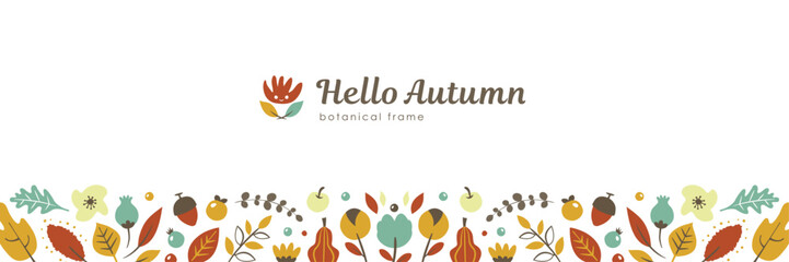 秋の植物のバナー背景 シンプルな花や葉っぱの飾り枠イラスト