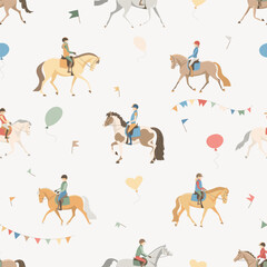 Young riders ride horses and ponies, seamless pattern