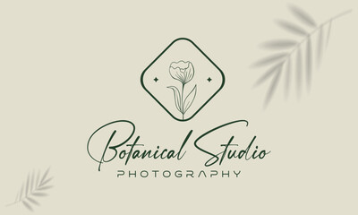 Botanical Floral Element Hand-Drawn Logo Vector Template.