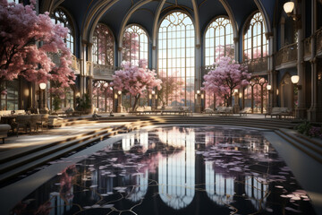 Grand banquet hall Round tables, stage, dance floor, and beautiful flowers Generative AI - obrazy, fototapety, plakaty