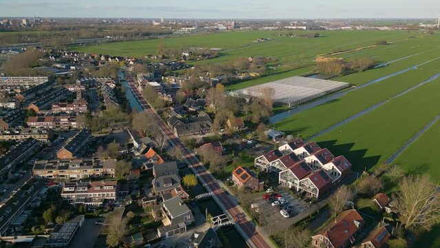 Aerial drone view of a dutch village named Zoeterwoude