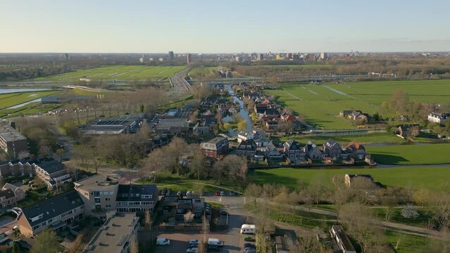 Aerial drone view of a dutch village named Zoeterwoude