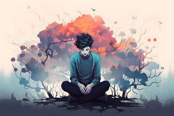 Depressed unhappy person sitting on ground. Mental health concept. Depression, bipolar disorder, obsessive compulsive, post traumatic stress disorder. 