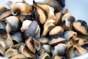 Meat of veined rapa whelk (rapana venosa) on a plate. Boiled Rapana.