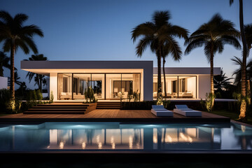 Exterior of amazing modern minimalist cubic villa with large swimming pool among palm trees ai generated