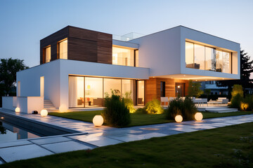 Exterior of modern minimalist cubic villa with landscaping designed backyard ai generated
