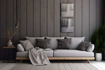 Grey sofa with pillows and plaid near wooden lining paneling wall against of big window. Nordic interior design of modern living room with empty mock up poster frame ai generated