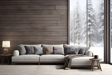 Grey sofa with pillows and plaid near wooden lining paneling wall against of big window. Nordic interior design of modern living room with empty mock up poster frame ai generated