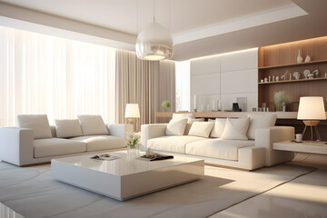 hyper realistic white color modern apartment drawing room with sofa set back side wall for abstarct big size painting, beautifule light effects ai generated
