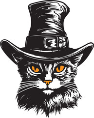 Halloween cat in a witch hat, Vintage cat head, halloween black cat Vector illustration, SVG